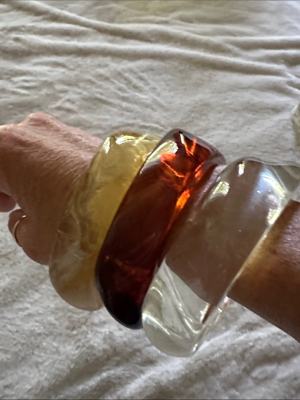 Set of 3 Lucite Bangle Bracelets - Clear, Amber & Honey - Picture 2 of 2